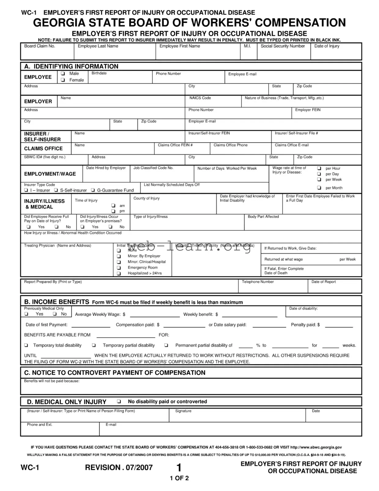 Blank Wc 1 Georgia Form