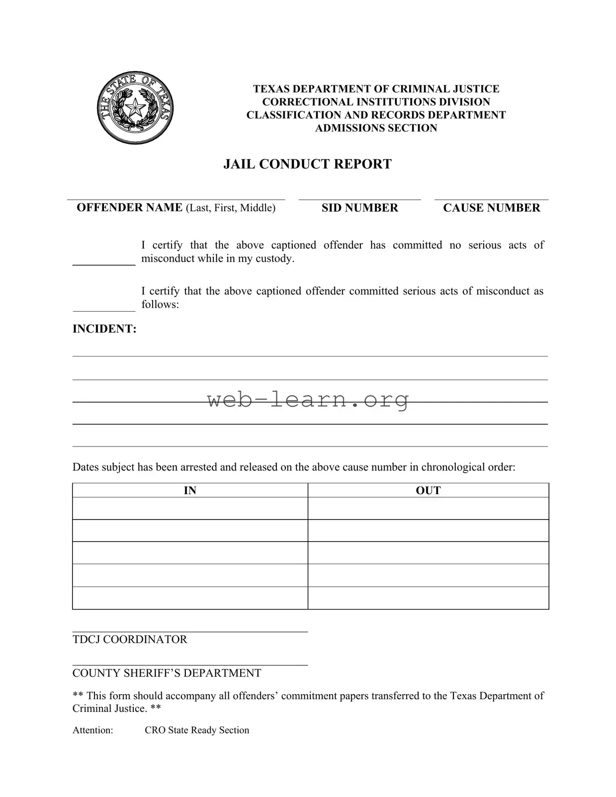 Blank Texas Jail Conduct Report Form