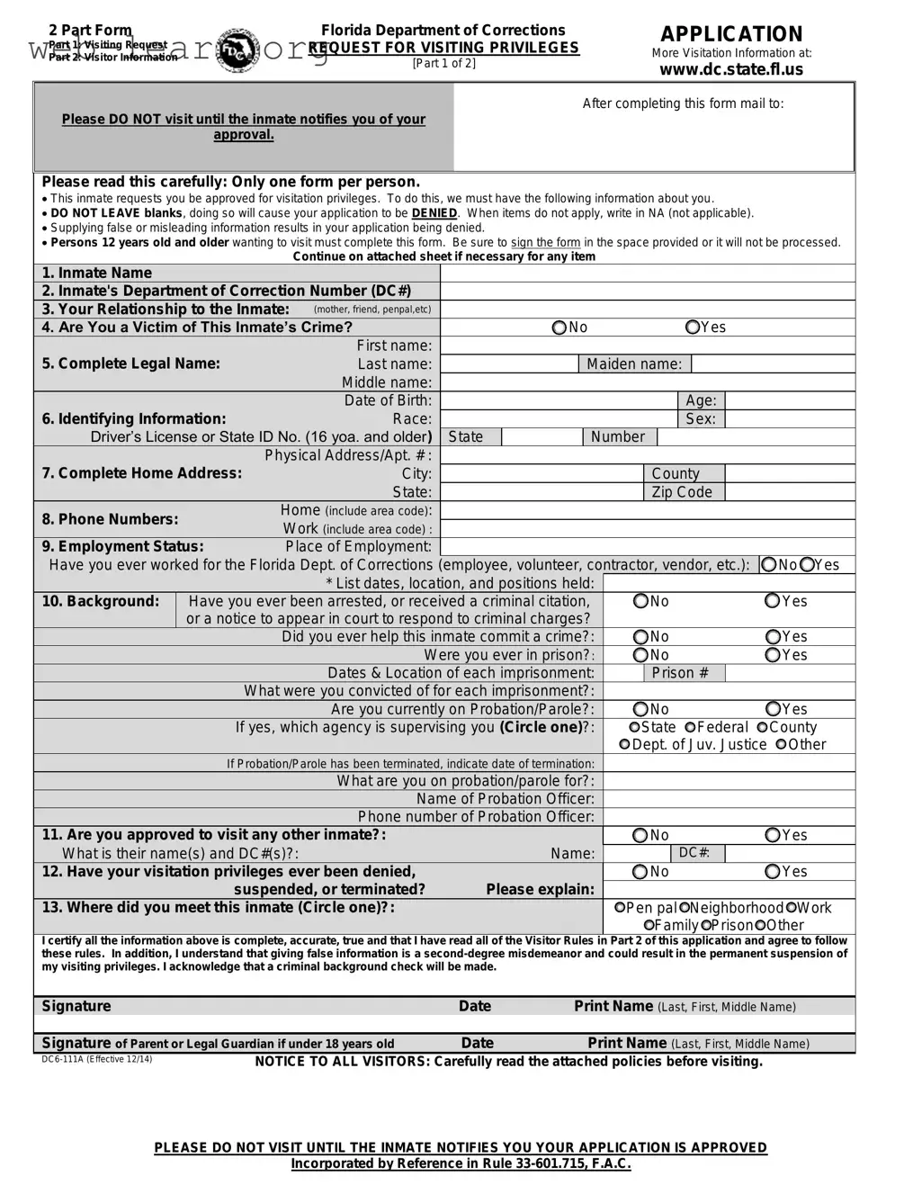 Blank Department Of Corrections Visitation Florida Form