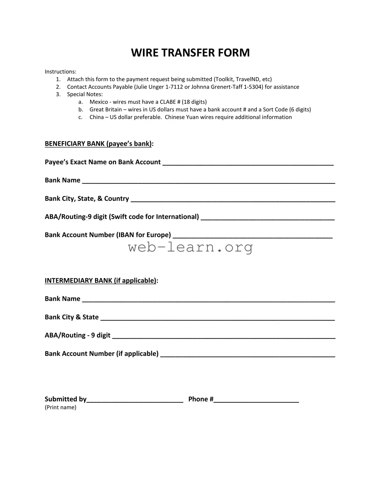 Blank Wire Transfer Form