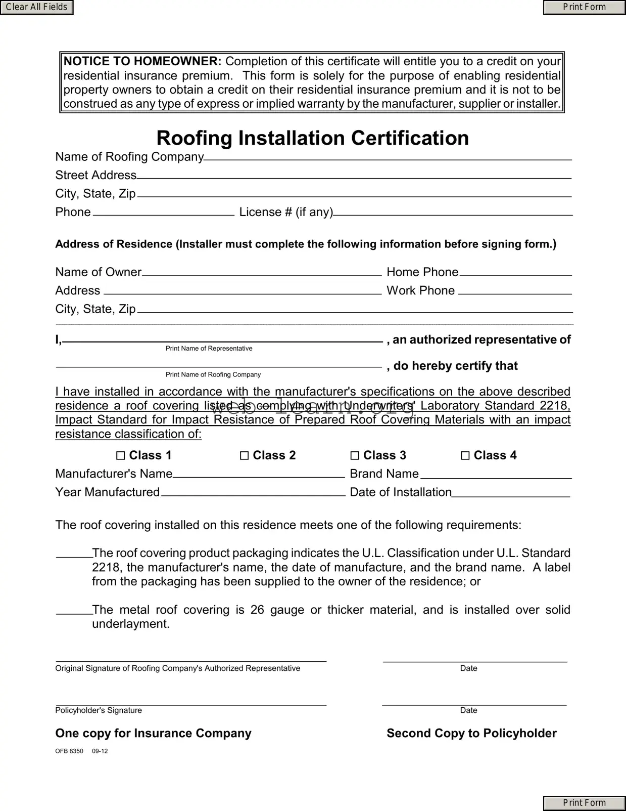 Blank Roofing Certificate Form