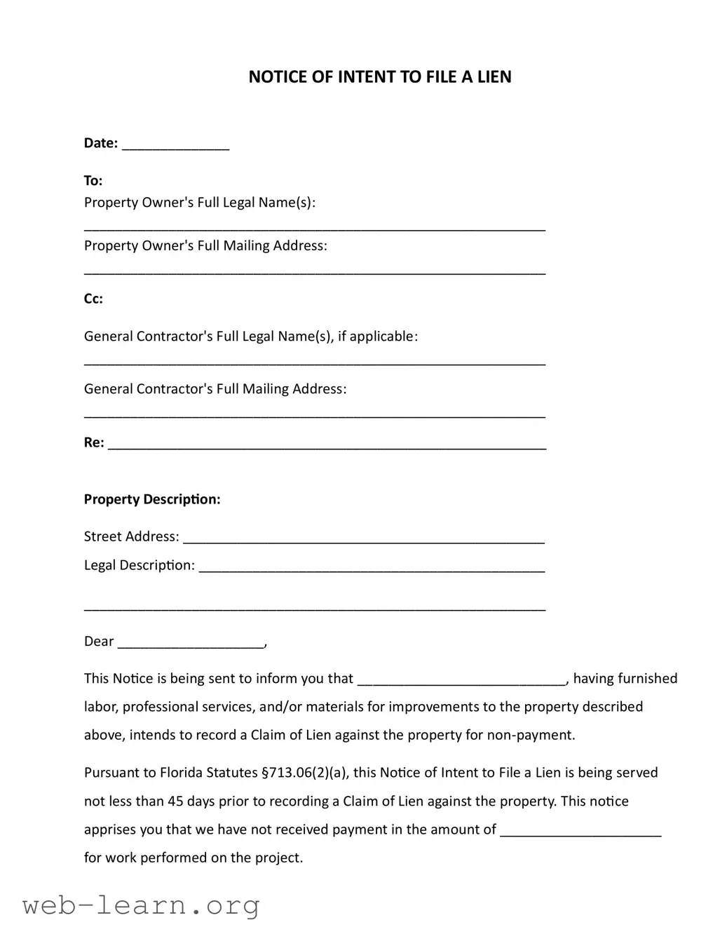 Blank Intent To Lien Florida Form