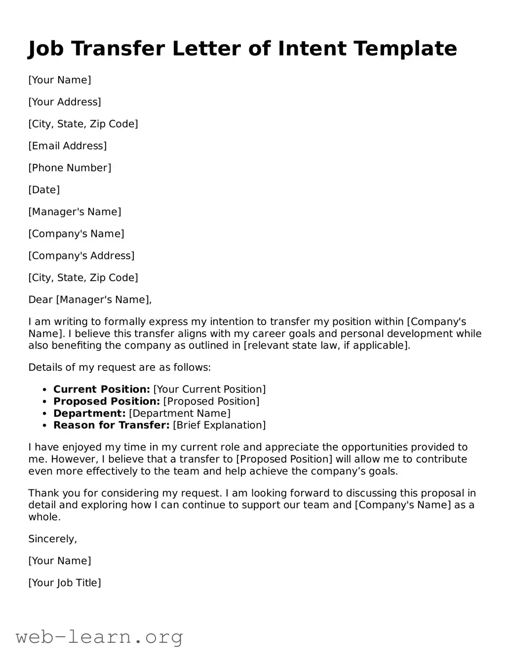 Attorney-Approved Job Transfer Letter of Intent Template
