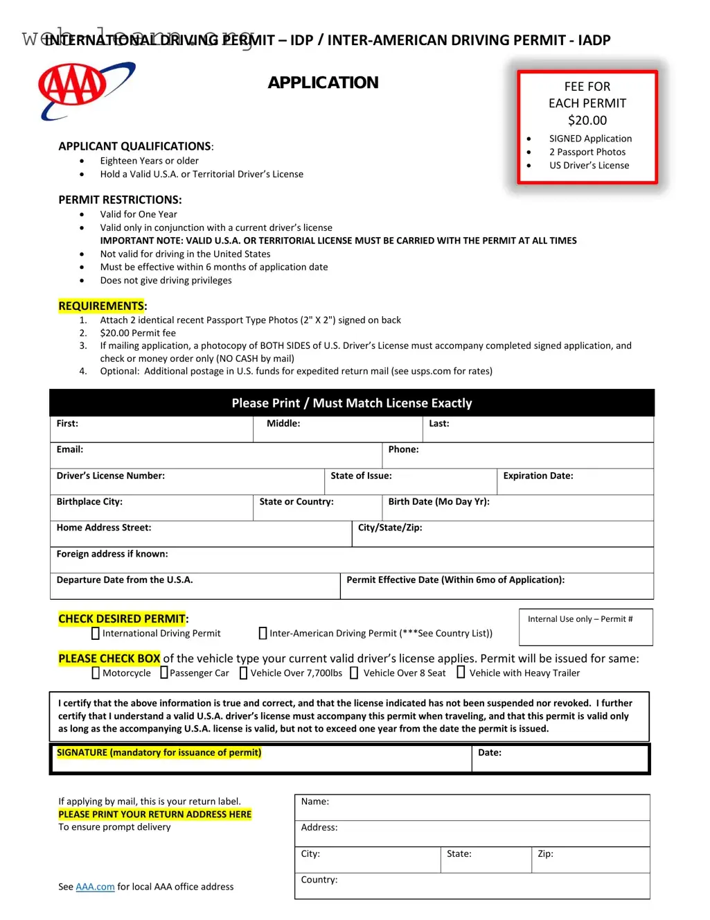 Blank Aaa International Driving Permit Application Form