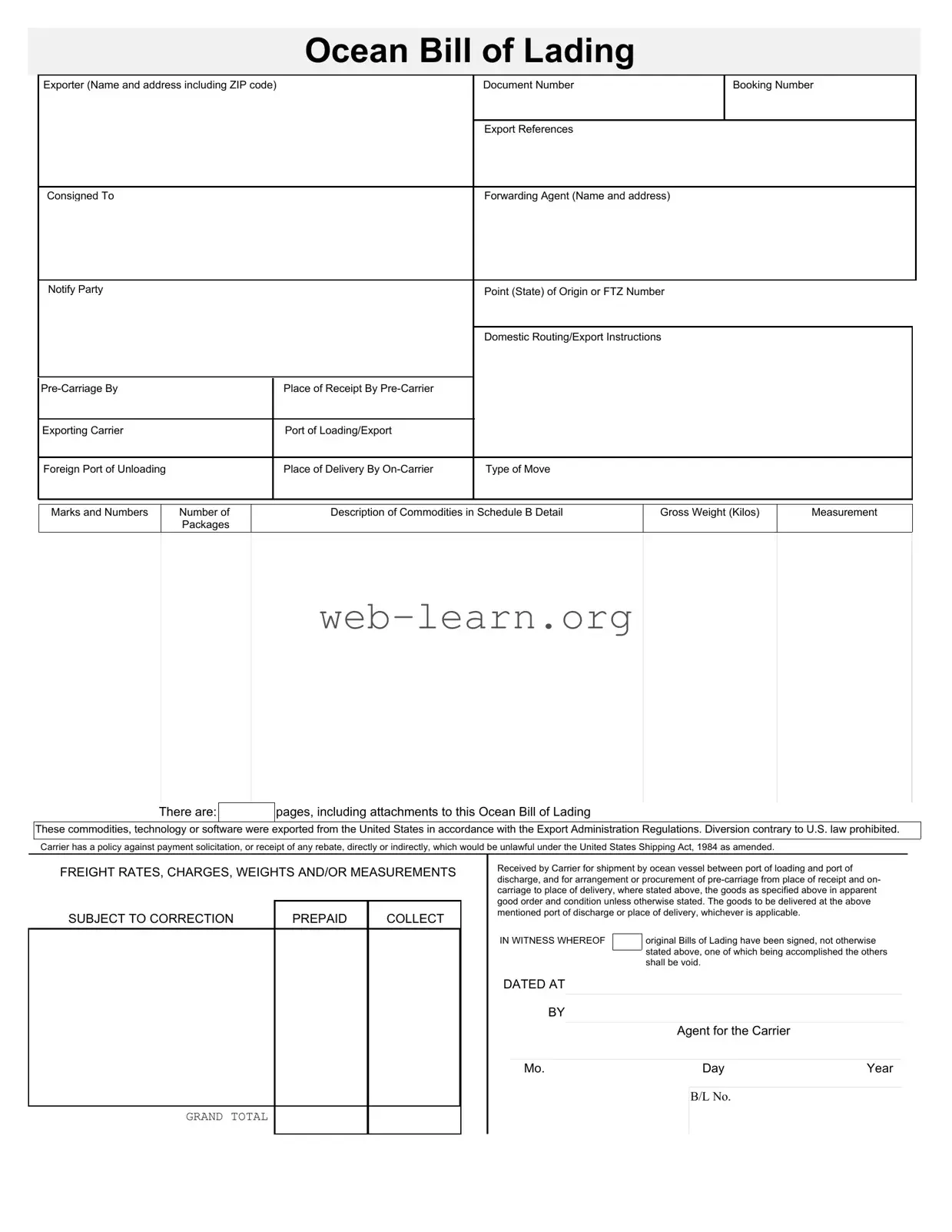 Blank Sample Ocean Bill Of Lading Form