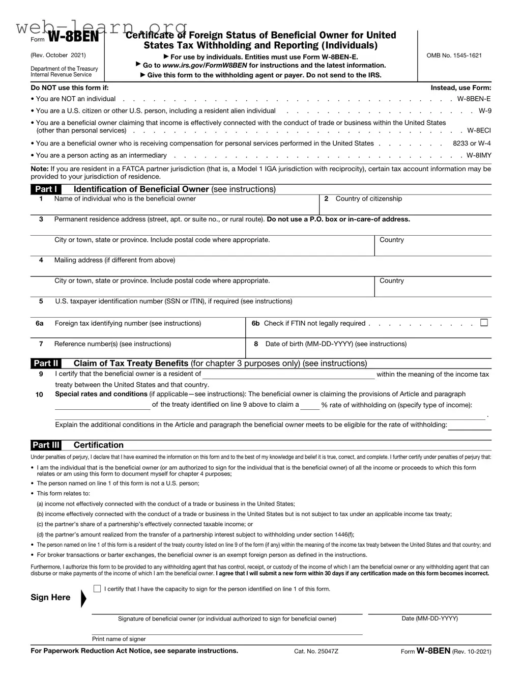 Blank IRS W-8BEN Form