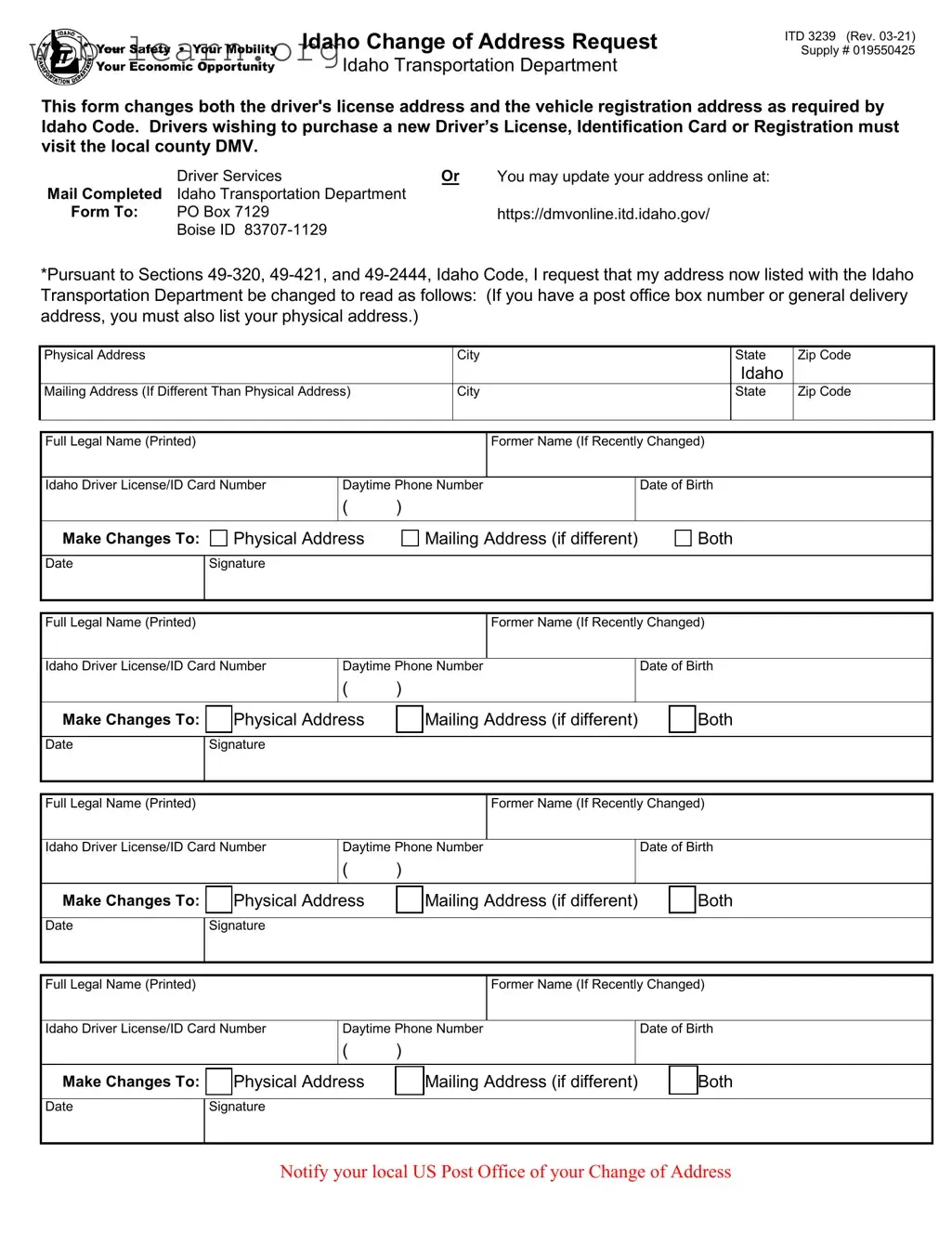 Blank Idaho Itd 3239 Form