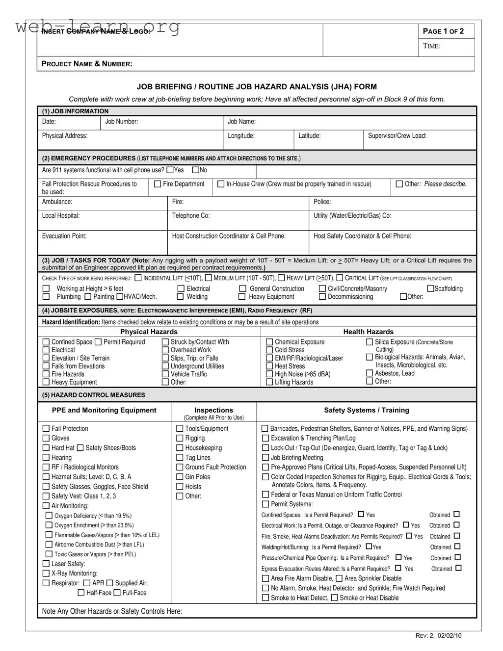 Blank Job Briefing Form