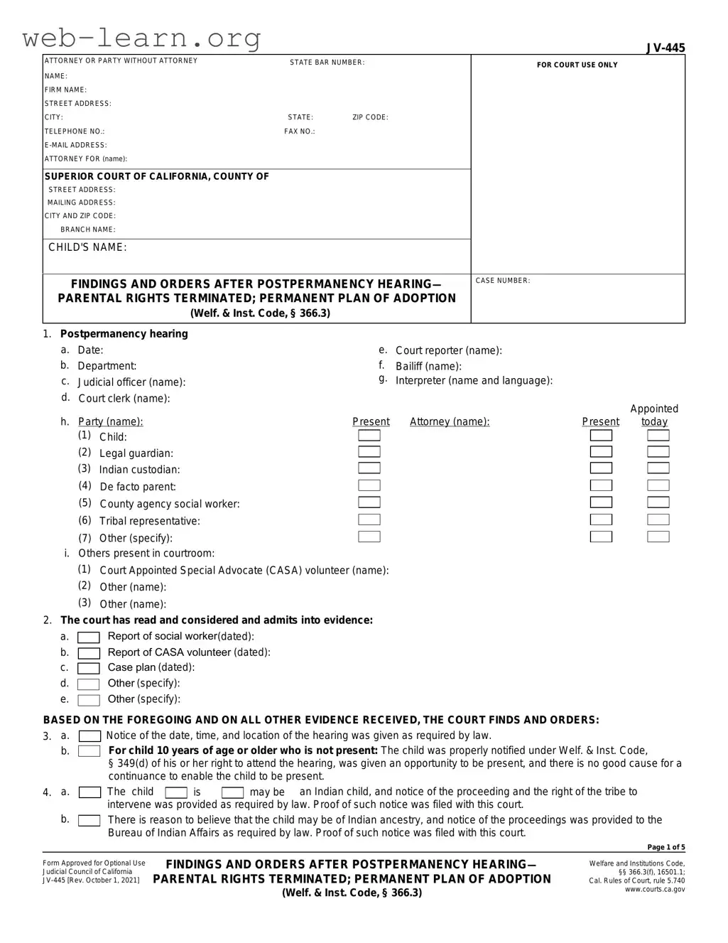 Blank California Jv 445 Form