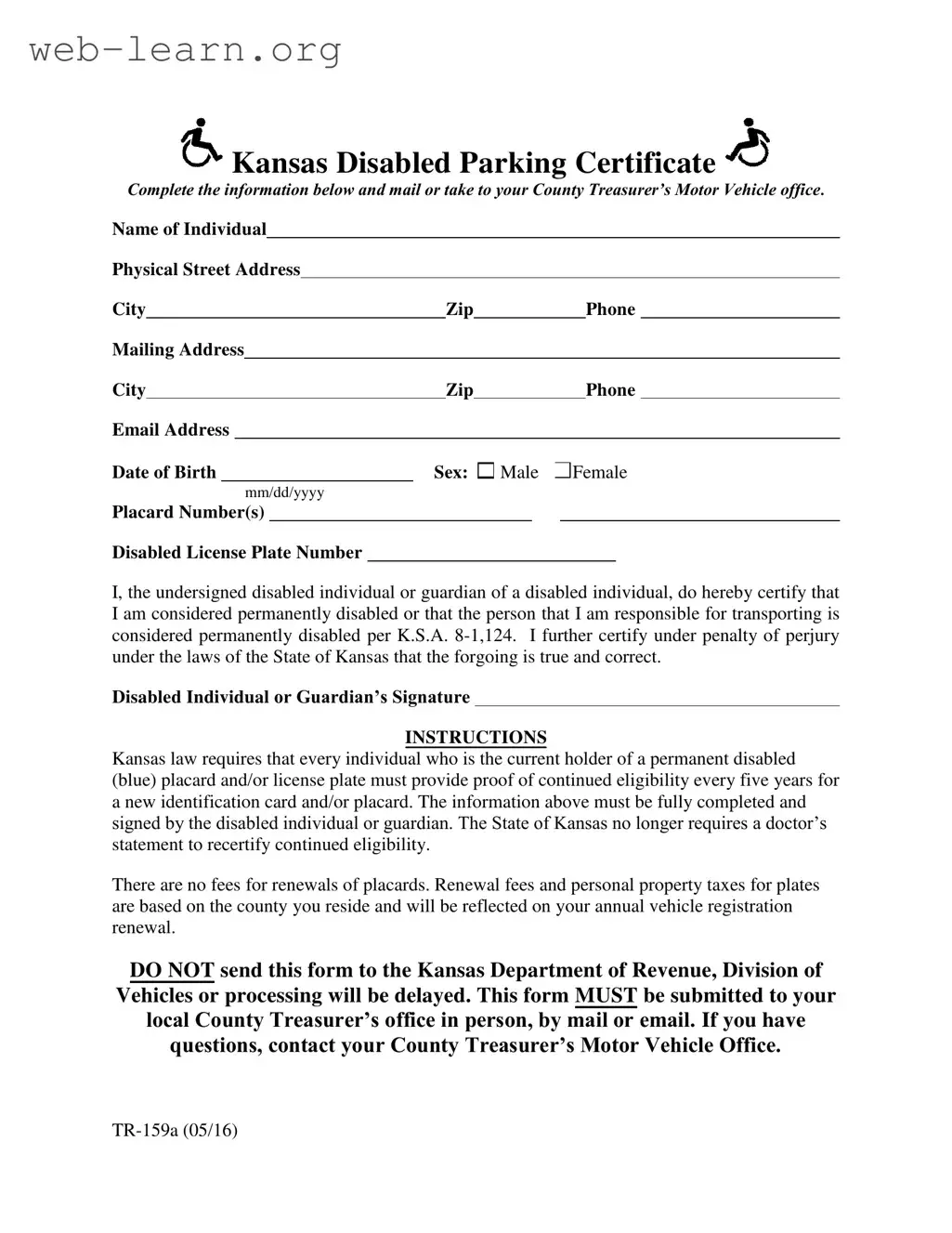 Blank Kansas Disabled Parking Form