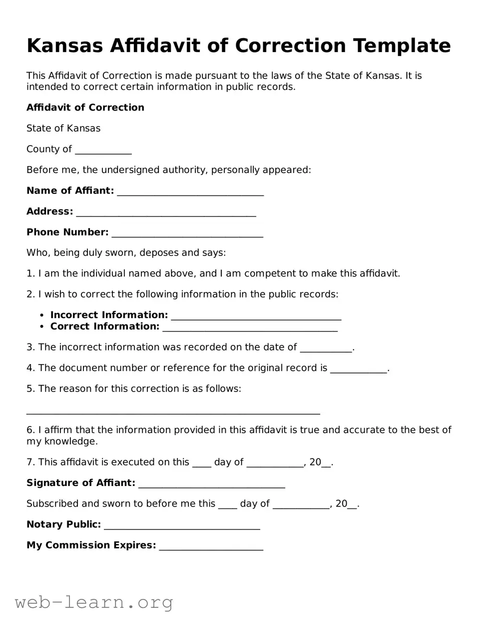 Attorney-Approved Affidavit of Correction Document for the State of Kansas