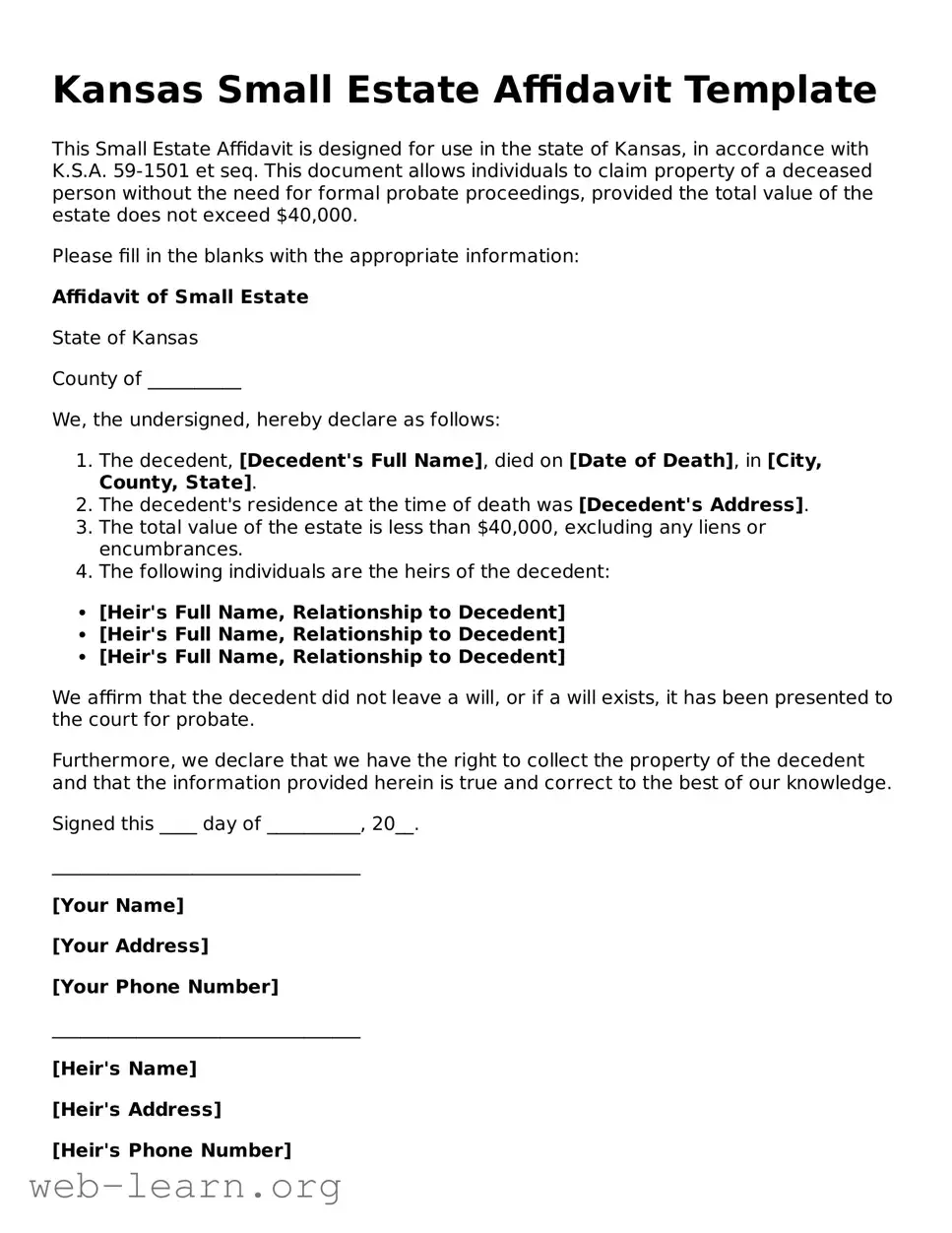 Attorney-Approved Small Estate Affidavit Document for the State of Kansas
