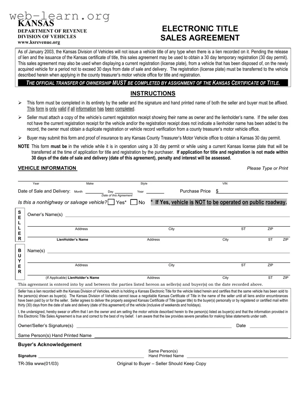 Blank Kansas Tr 39A Form