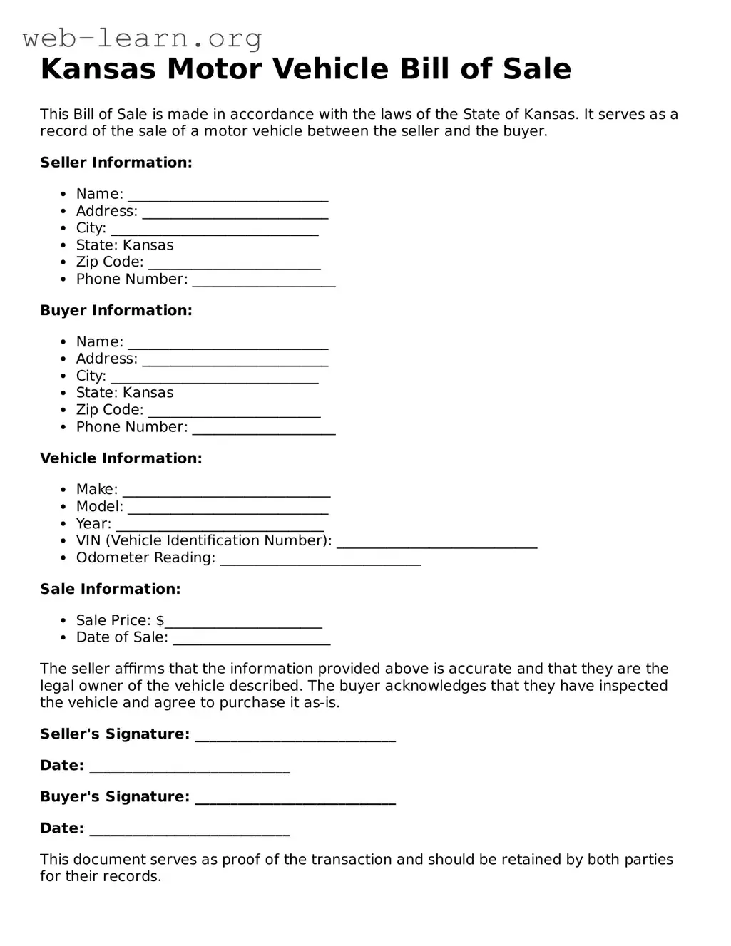Attorney-Approved Motor Vehicle Bill of Sale Document for the State of Kansas