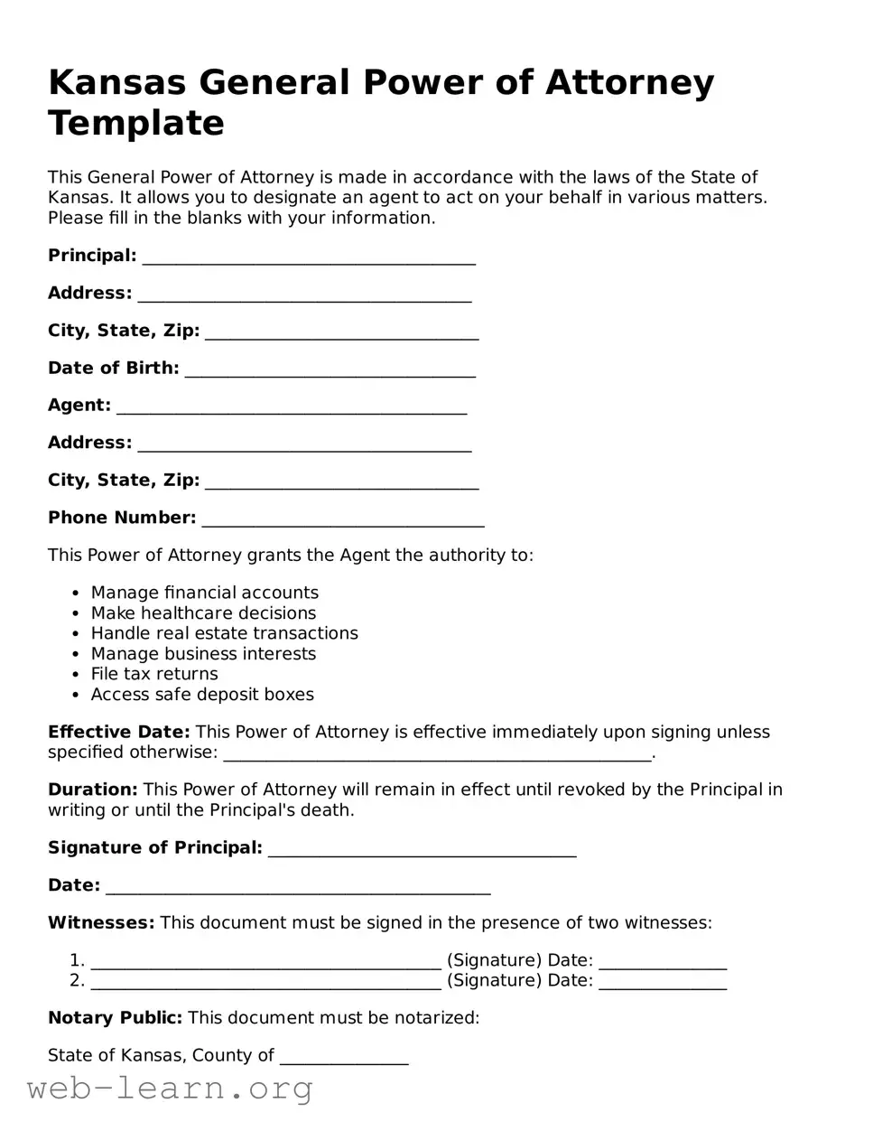 Attorney-Approved General Power of Attorney Document for the State of Kansas