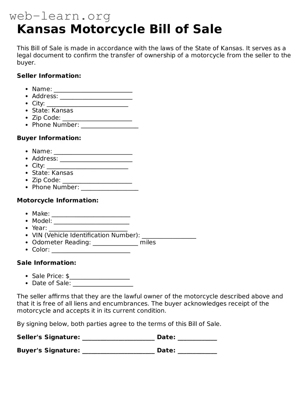 Attorney-Approved Motorcycle Bill of Sale Document for the State of Kansas