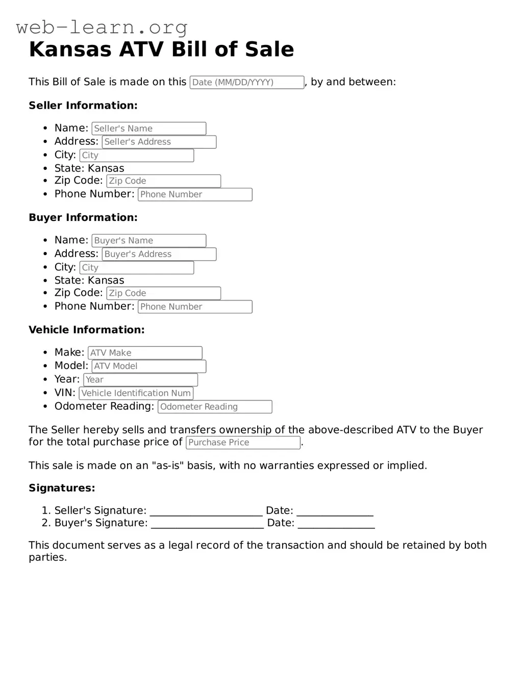 Attorney-Approved ATV Bill of Sale Document for the State of Kansas