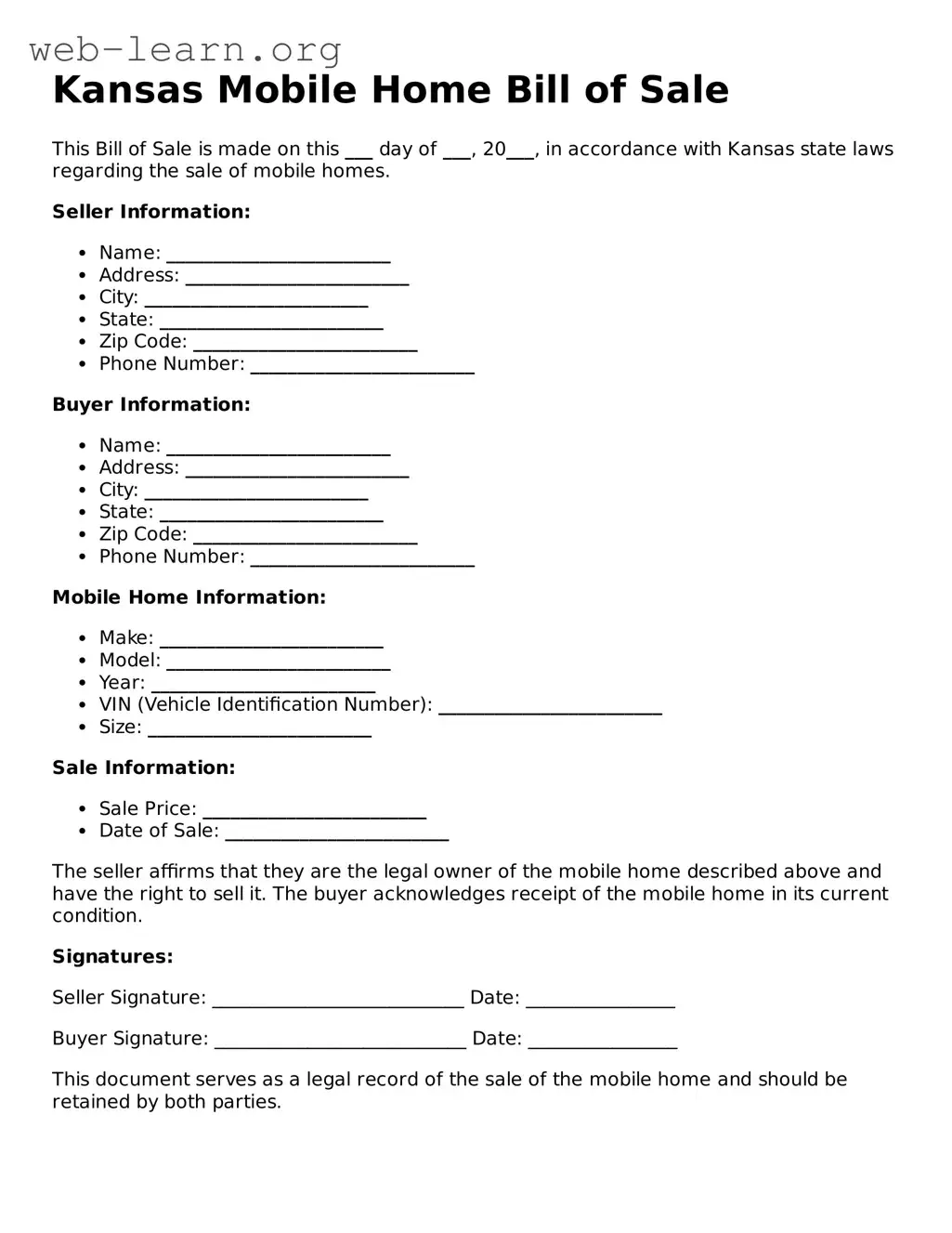 Attorney-Approved Mobile Home Bill of Sale Document for the State of Kansas