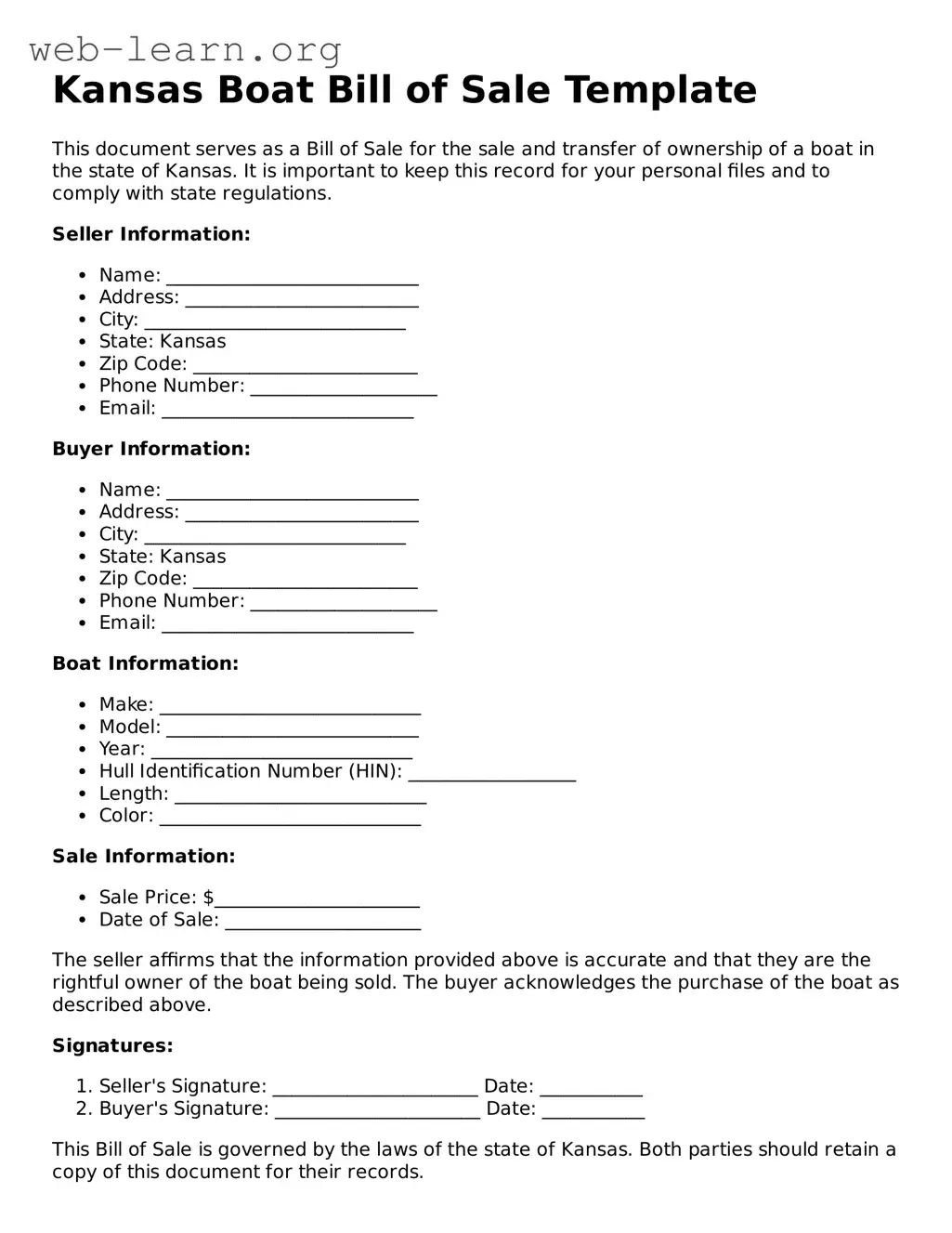 Attorney-Approved Boat Bill of Sale Document for the State of Kansas