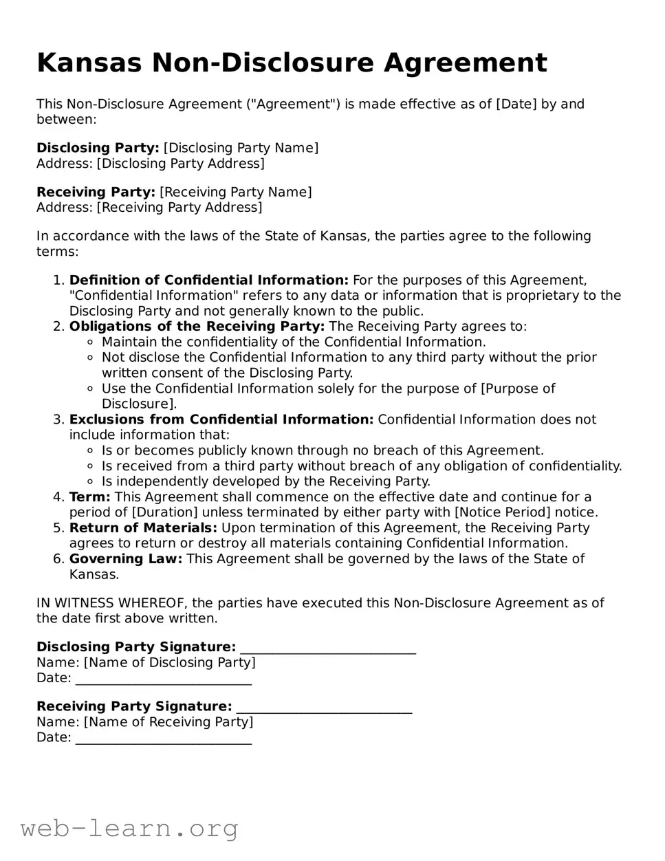 Attorney-Approved Non-disclosure Agreement Document for the State of Kansas