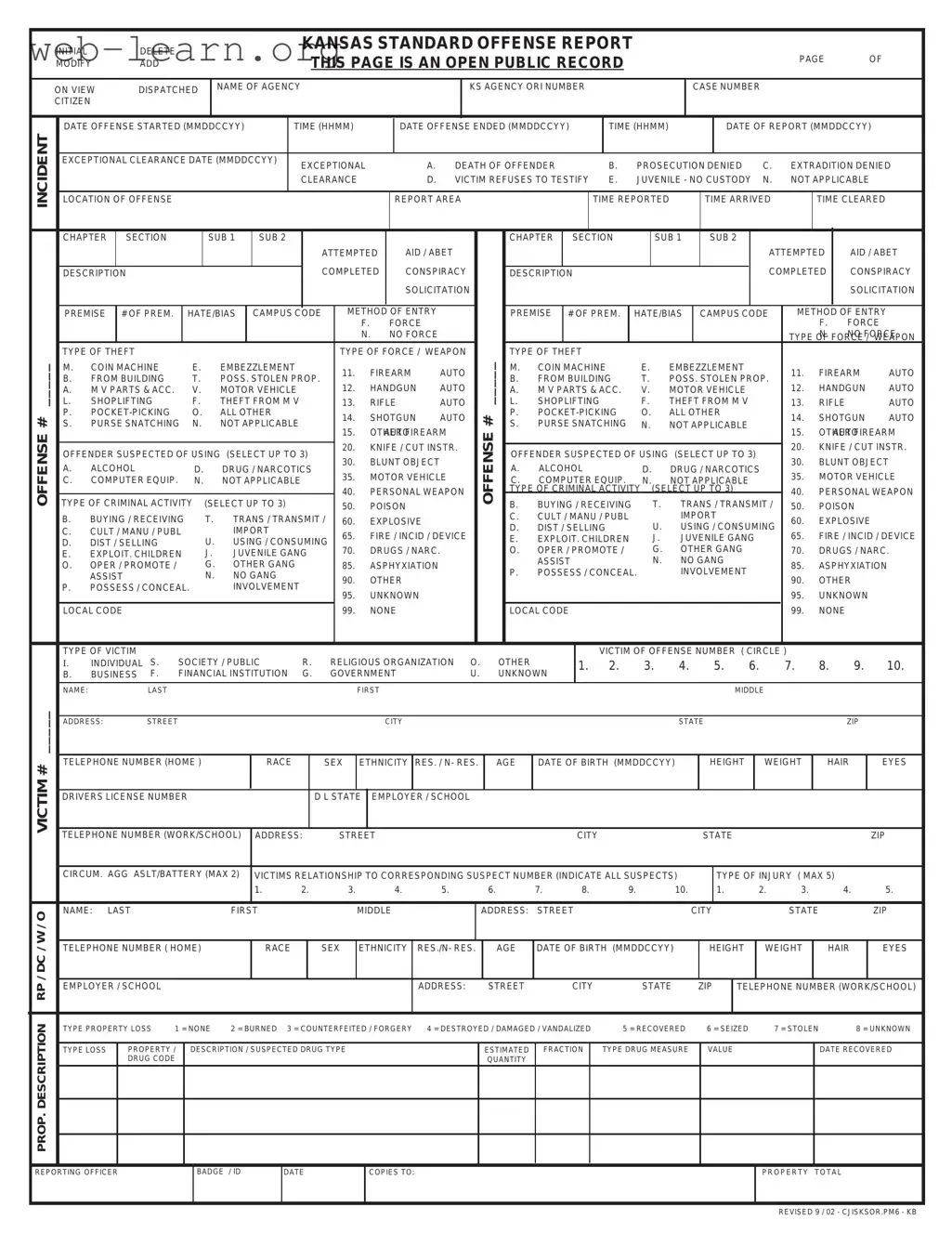 Blank Kansas Standard Offense Report Form