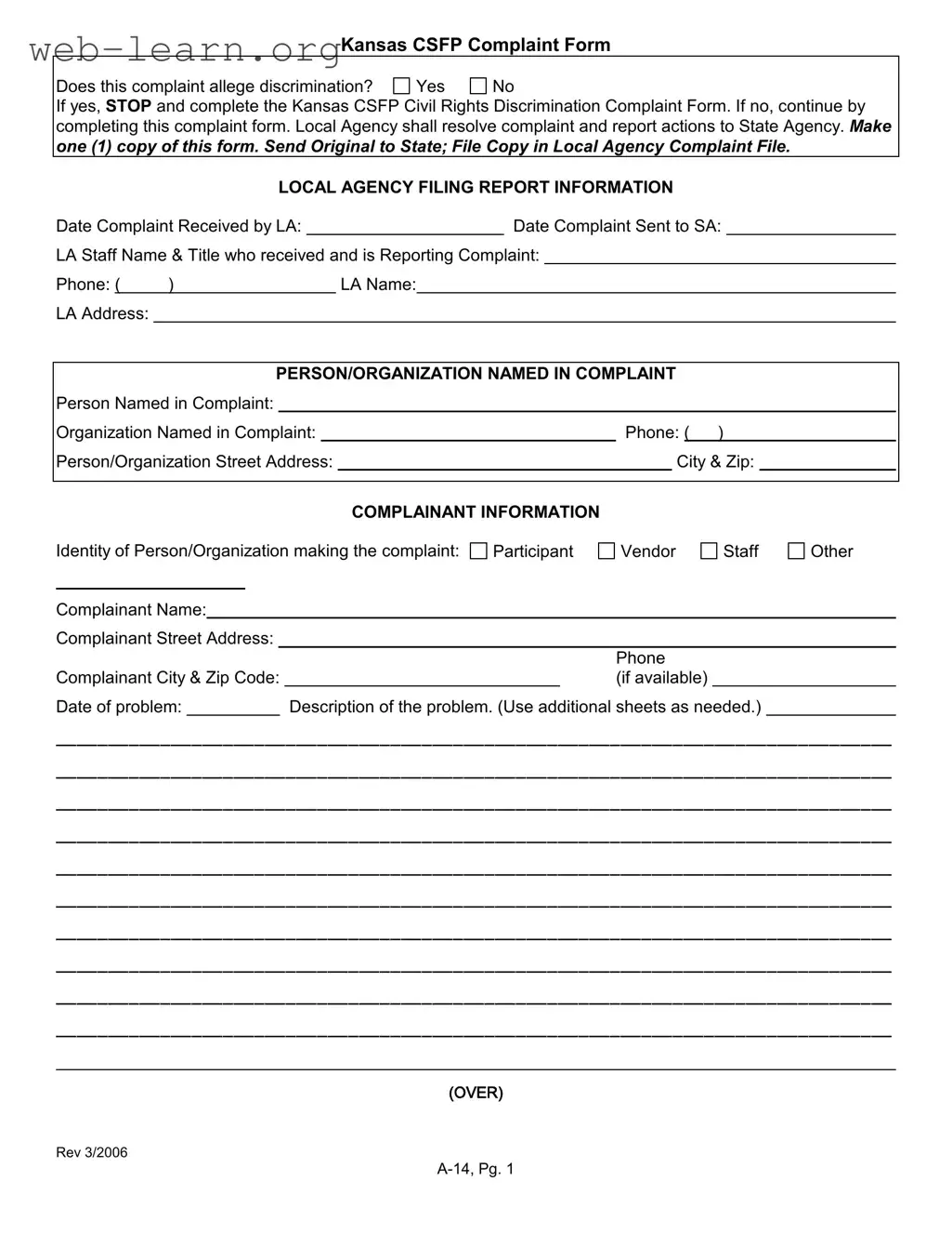 Blank Kansas Csfp Complaint Form