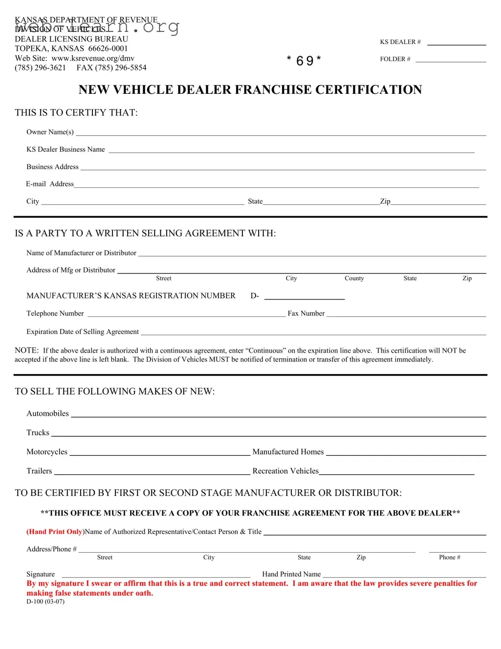 Blank Kansas D 100 Form