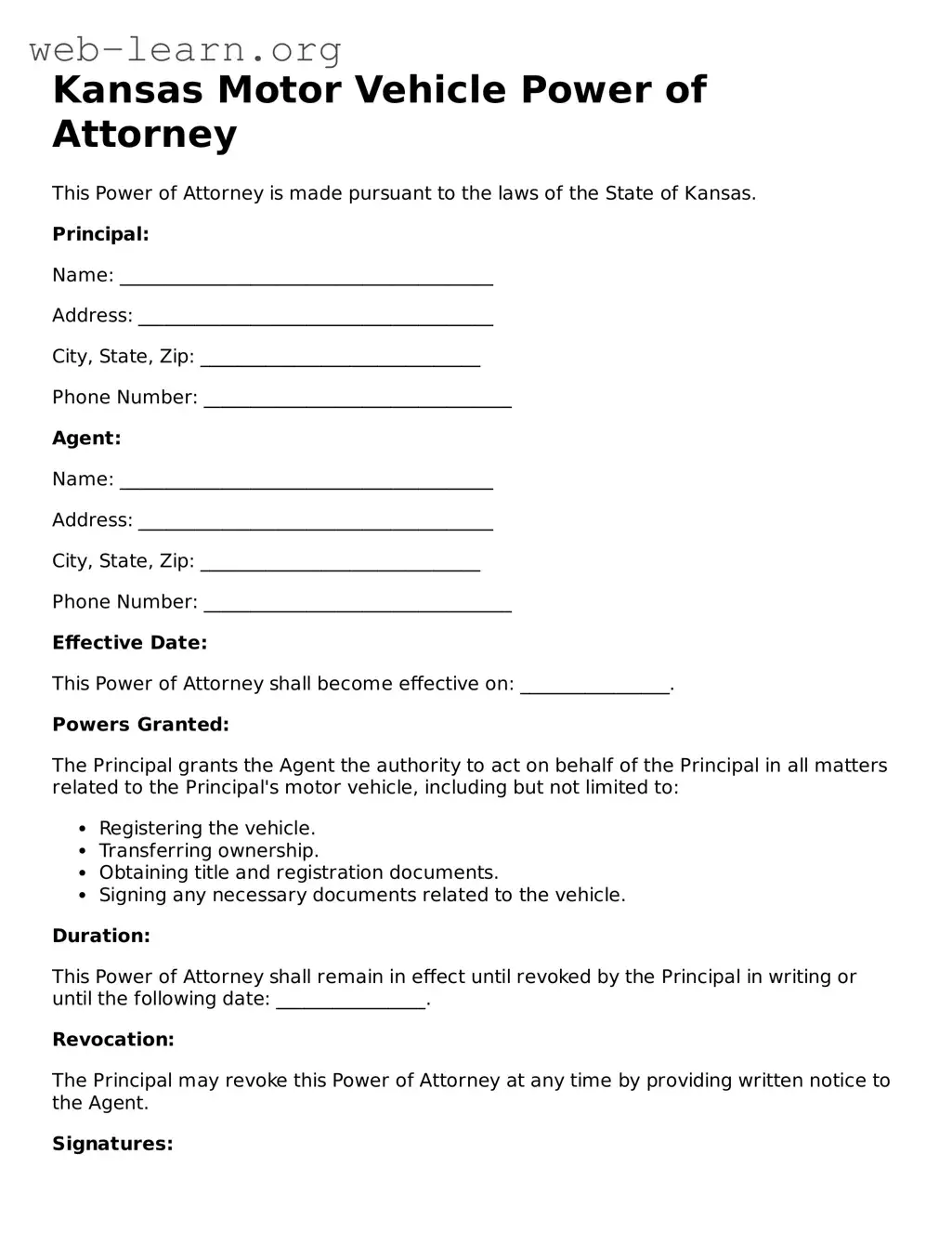 Attorney-Approved Motor Vehicle Power of Attorney Document for the State of Kansas