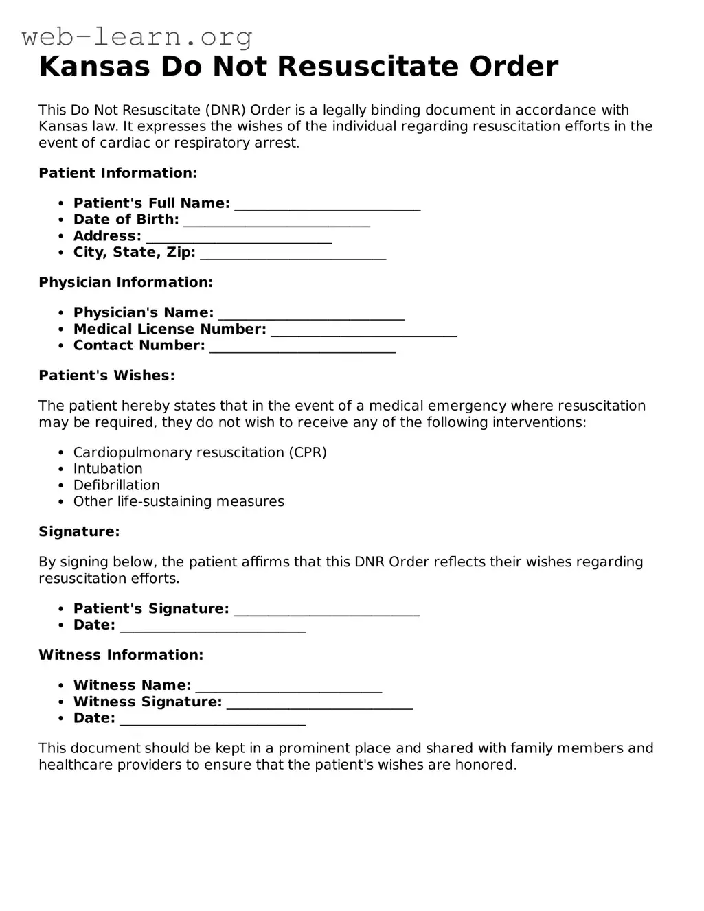 Attorney-Approved Do Not Resuscitate Order Document for the State of Kansas