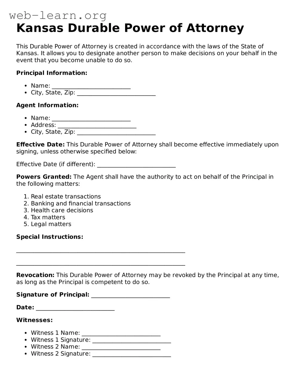 Attorney-Approved Durable Power of Attorney Document for the State of Kansas