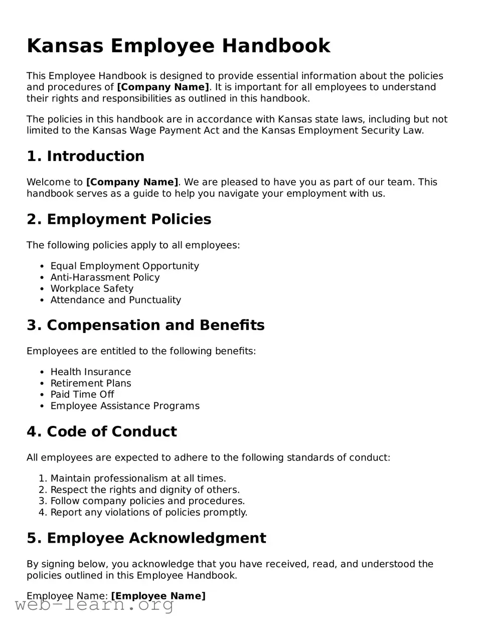 Attorney-Approved Employee Handbook Document for the State of Kansas
