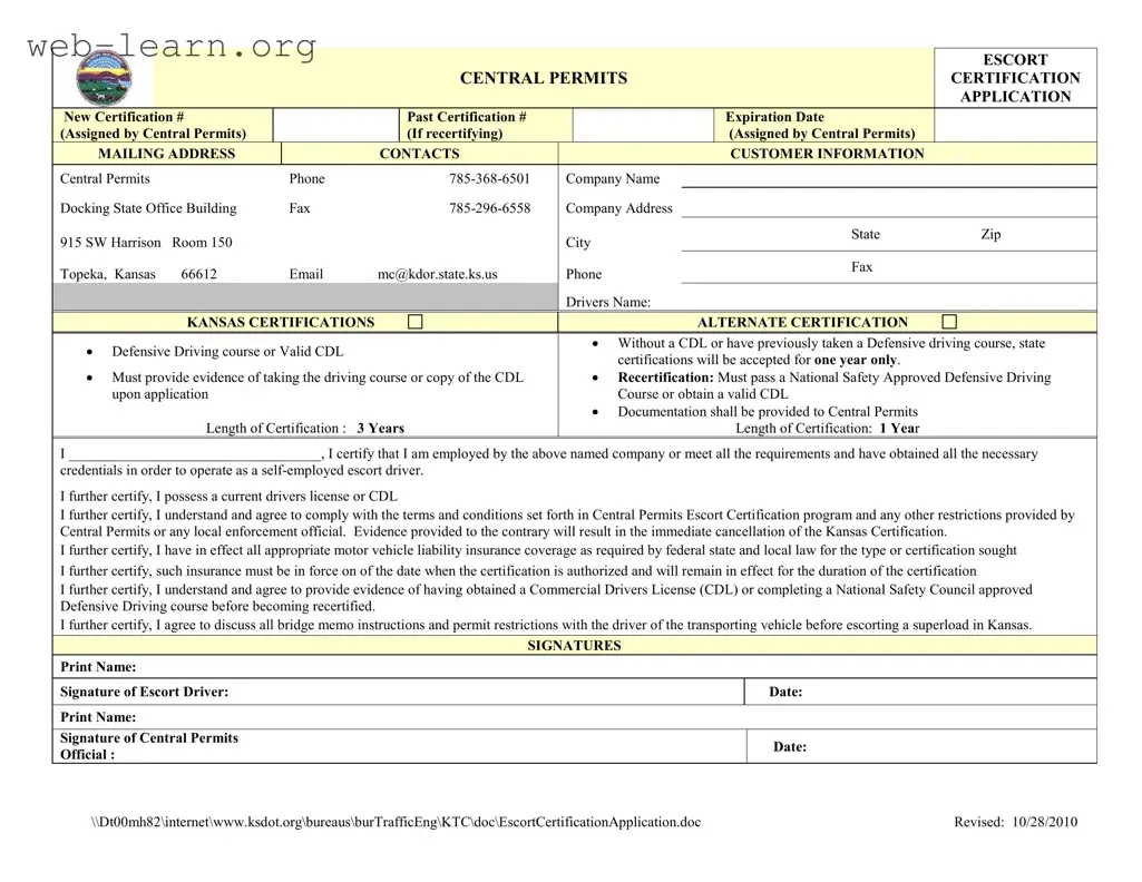 Blank Kansas Escort Certification Form