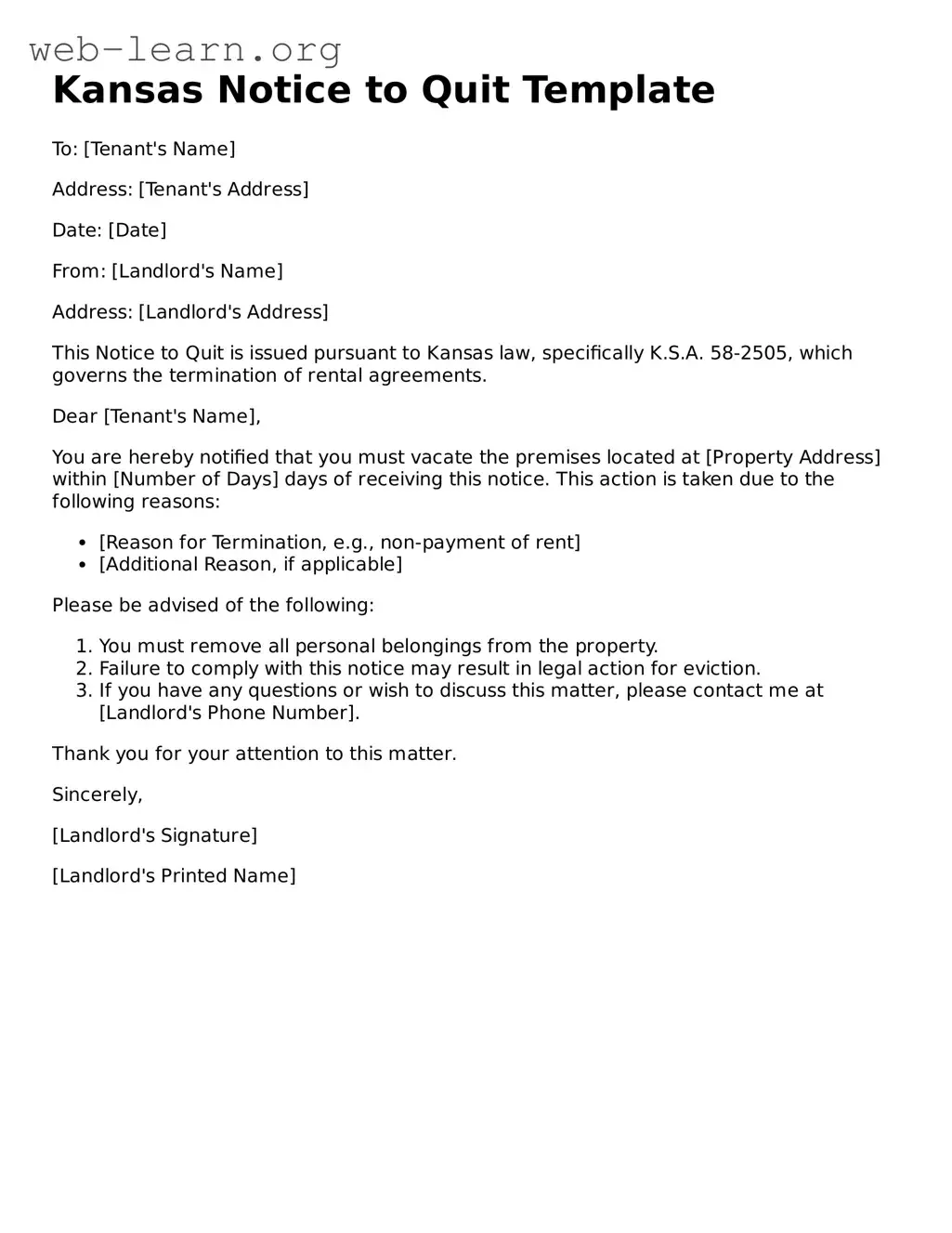 Attorney-Approved Notice to Quit Document for the State of Kansas