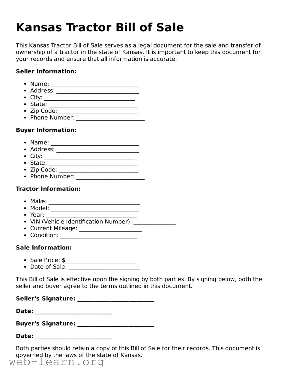 Attorney-Approved Tractor Bill of Sale Document for the State of Kansas