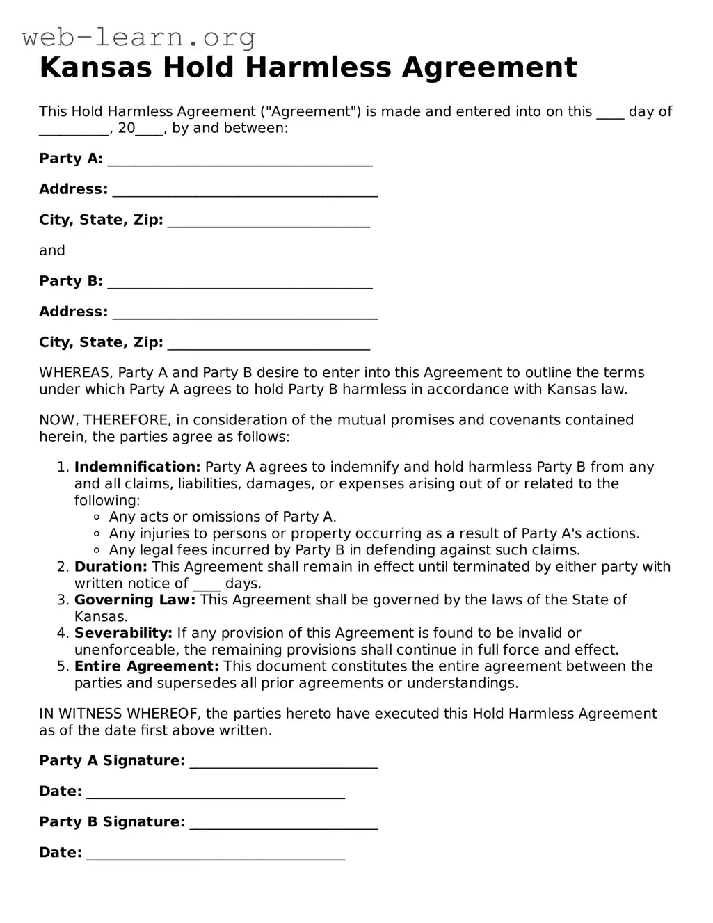 Attorney-Approved Hold Harmless Agreement Document for the State of Kansas