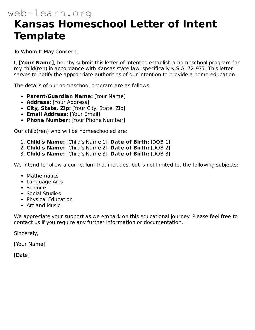 Attorney-Approved Homeschool Letter of Intent Document for the State of Kansas