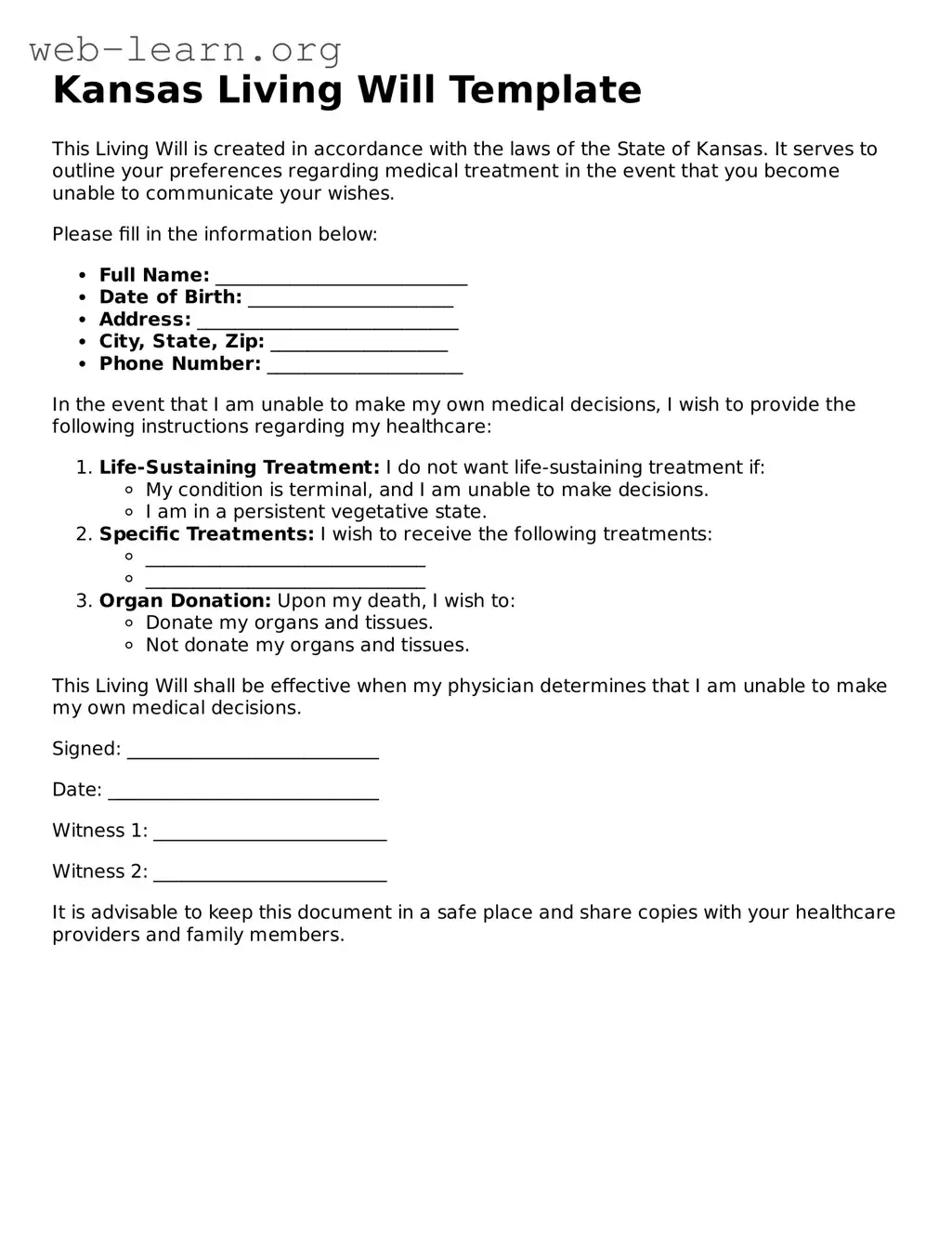 Attorney-Approved Living Will Document for the State of Kansas