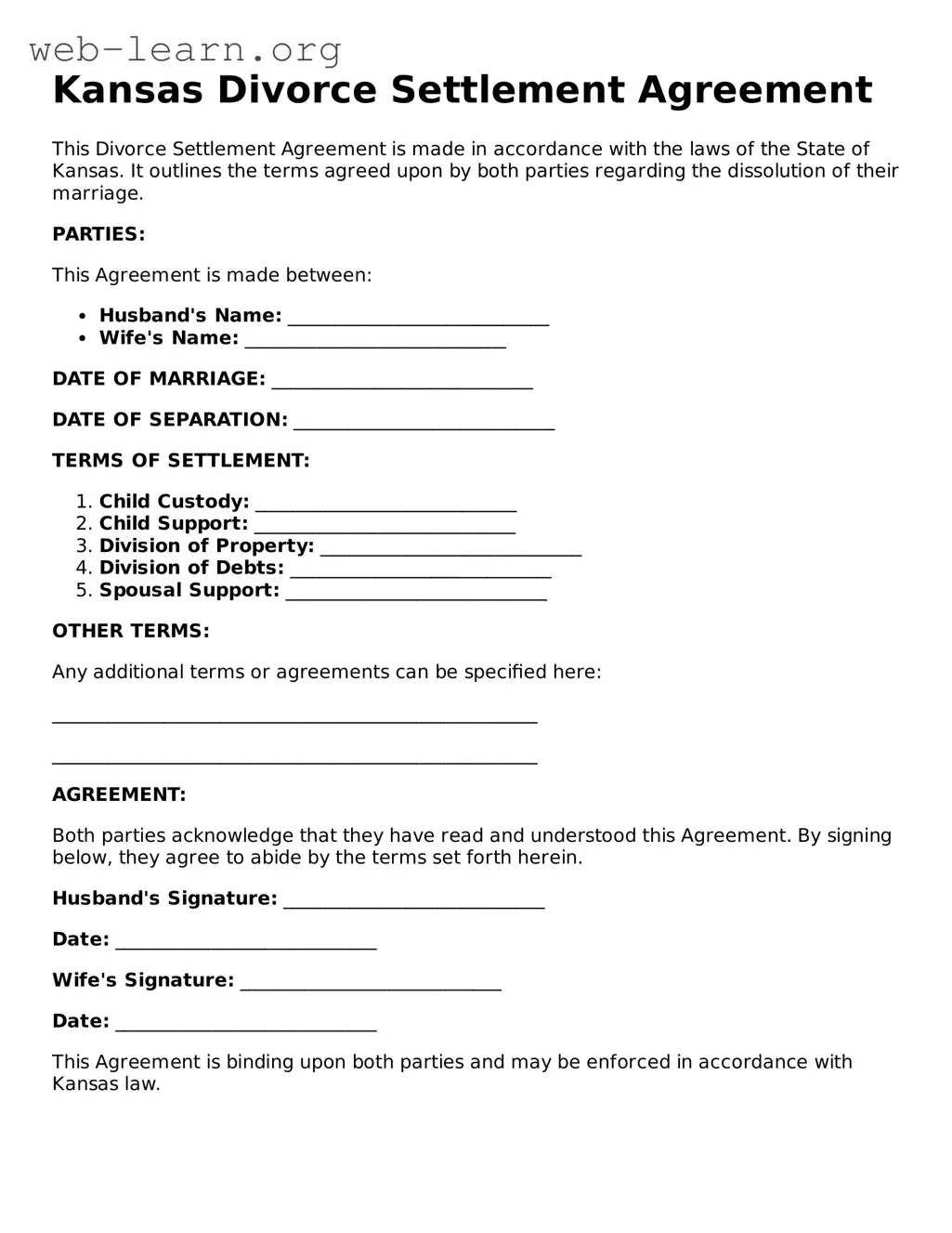 Attorney-Approved Divorce Settlement Agreement Document for the State of Kansas