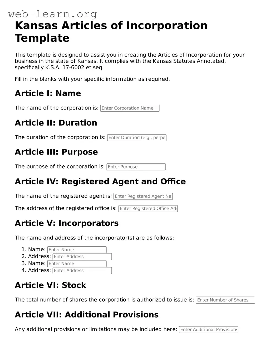 Attorney-Approved Articles of Incorporation Document for the State of Kansas