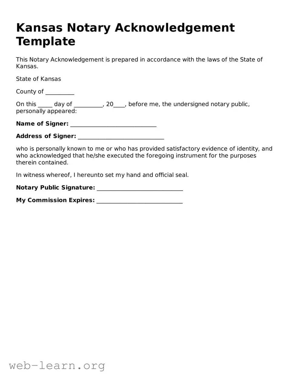 Attorney-Approved Notary Acknowledgement Document for the State of Kansas