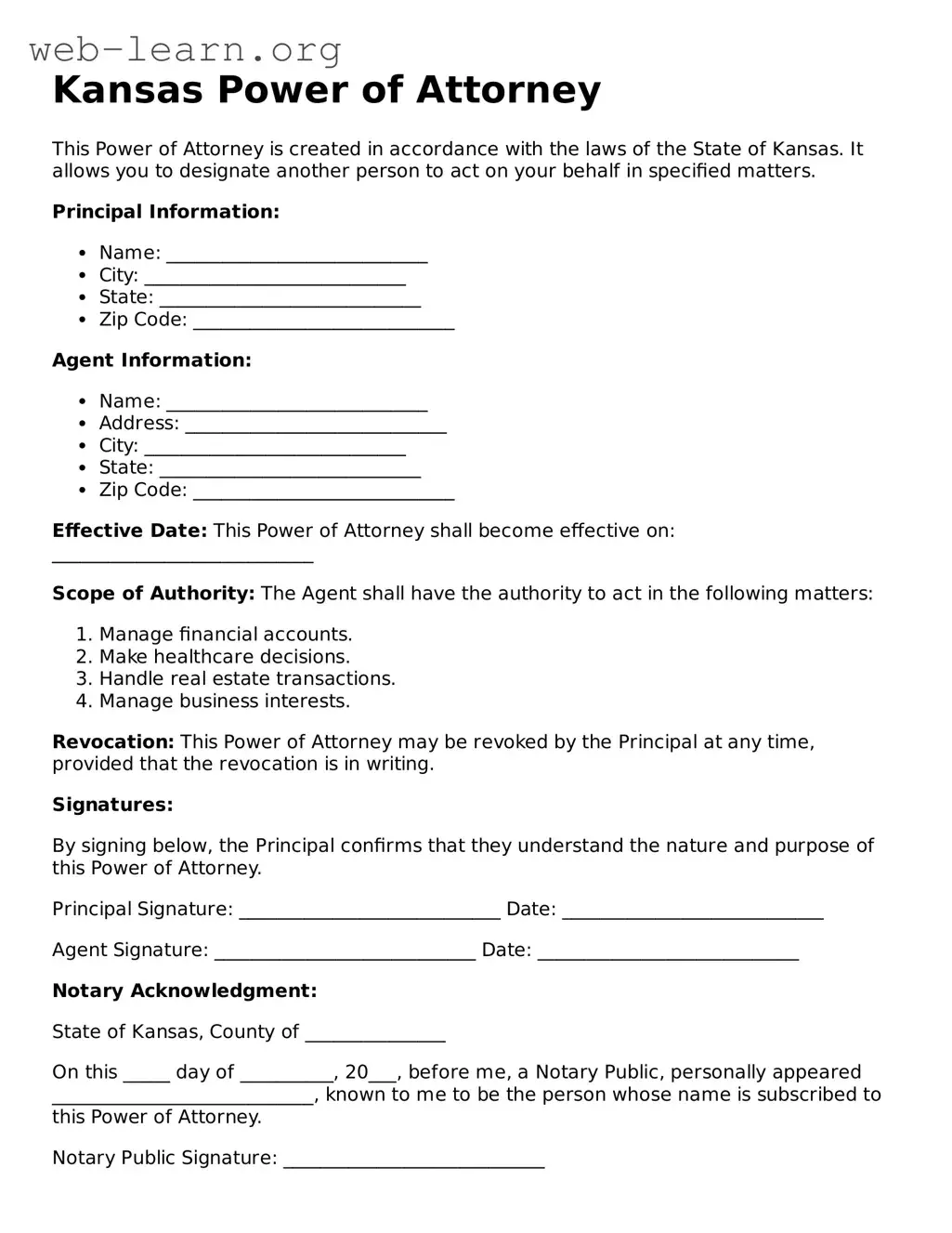 Attorney-Approved Power of Attorney Document for the State of Kansas