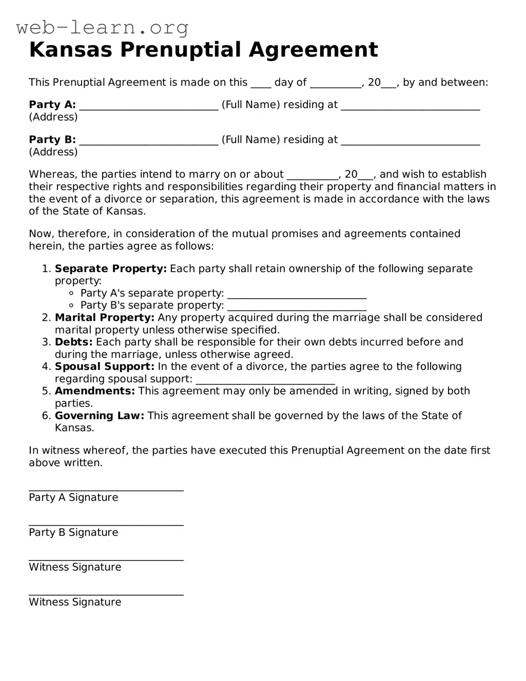 Attorney-Approved Prenuptial Agreement Document for the State of Kansas