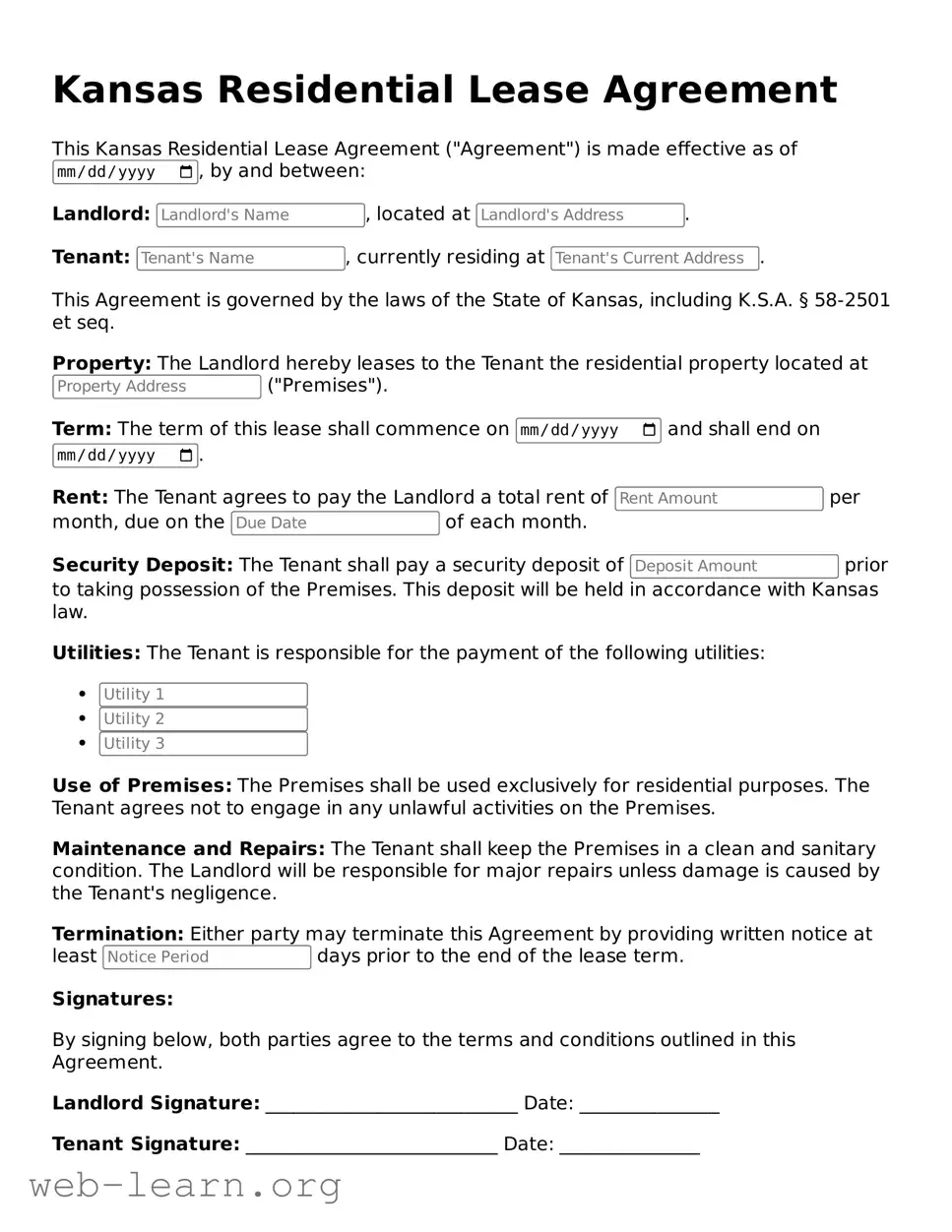 Attorney-Approved Residential Lease Agreement Document for the State of Kansas