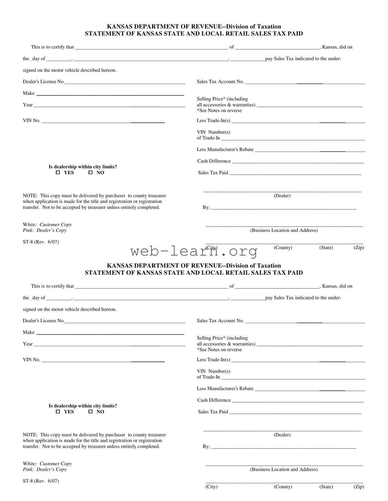 Blank St 8 Kansas Form