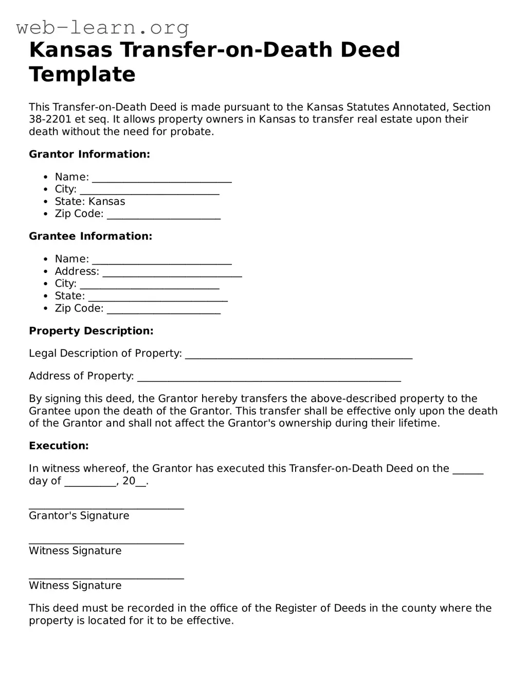 Attorney-Approved Transfer-on-Death Deed Document for the State of Kansas