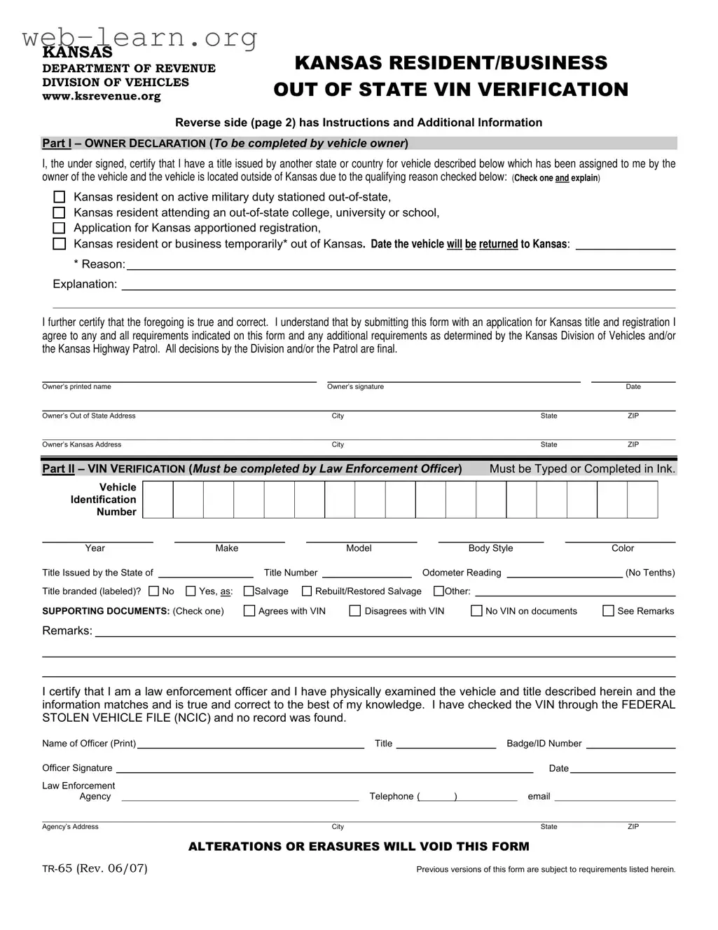 Blank Kansas Tr 65 Form