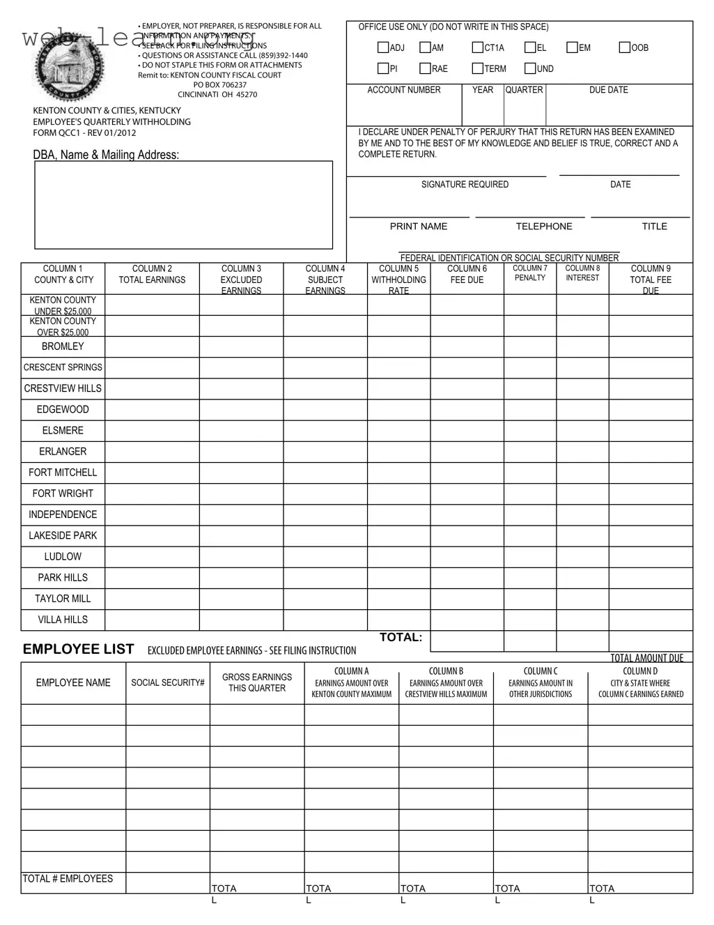 Blank Kentucky Qcc1 Form