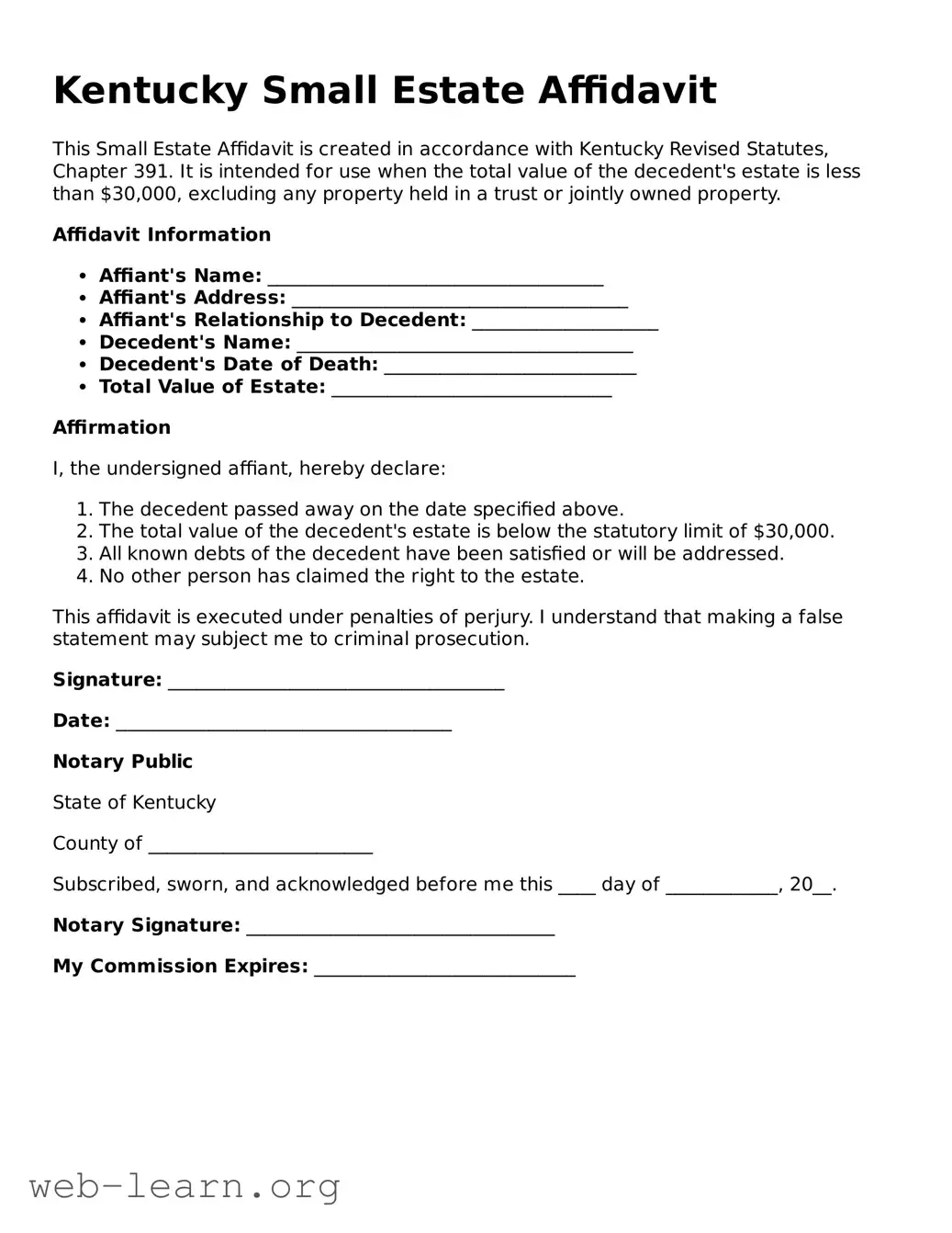 Attorney-Approved Small Estate Affidavit Document for the State of Kentucky