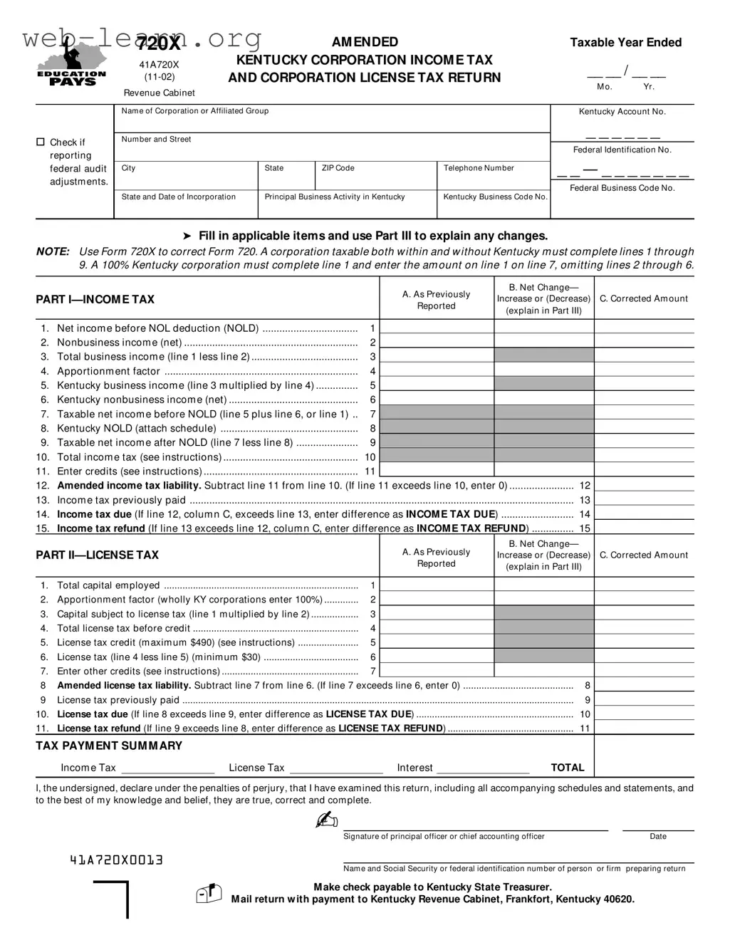 Blank Kentucky 720X Form
