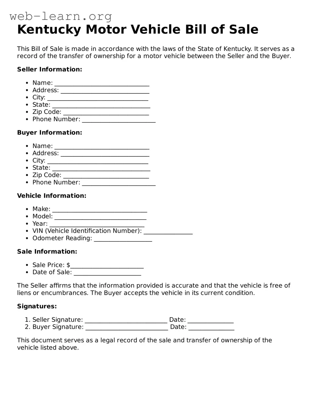 Attorney-Approved Motor Vehicle Bill of Sale Document for the State of Kentucky